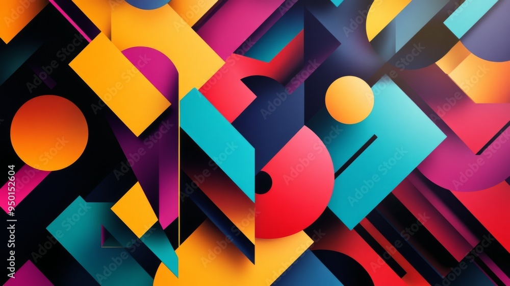 Poster a geometric abstract background featuring interlocking shapes and vibrant colors, providing a modern