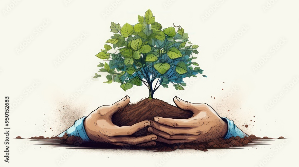 Wall mural environmental protection illustration design, with a shady tree background between two hands