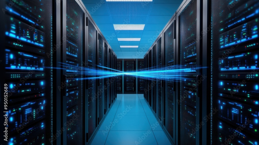 Poster a modern server room with rows of data servers, illuminated by blue lights, showcasing advanced tech