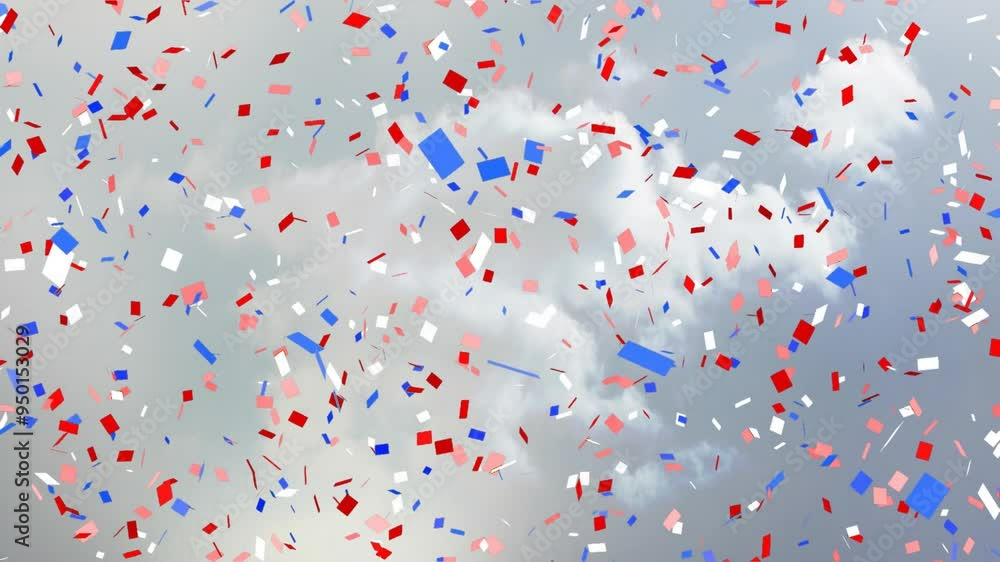 Sticker Red, white, and blue confetti animation falling over cloudy sky background