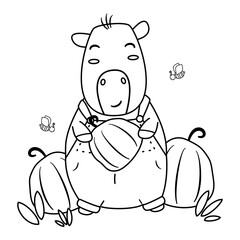 Cute hand drawn black and white cartoon character capybara with pumpkins funny thanksgiving vector illustration for fall season holidays for coloring art