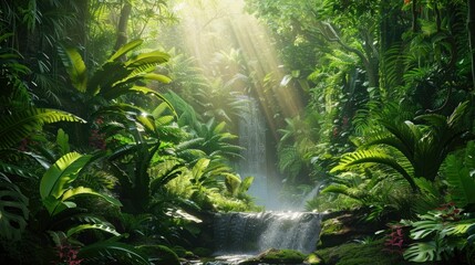 Obraz premium Lush vibrant tropical rainforest ecosystem filled with diverse flora including towering trees verdant ferns and cascading waterfall