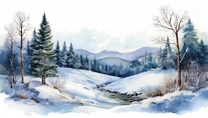 Serene winter landscape showcasing snow-covered hills, evergreen trees, and a tranquil stream under a soft sky.