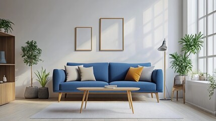 Fototapeta premium A contemporary living room with a blue sofa in mid-century Scandinavian design, complemented by light wood furniture and simple decor. The room is bright and airy, with a focus on minimalism 