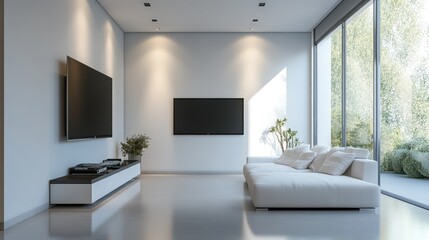 A contemporary living room with a white sofa facing a mounted TV on a minimalist wall. The room features polished floors, minimal decor, and a large window that floods the space with light.