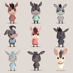 Obraz premium A collection of cute cartoon donkeys with various colors and styles.