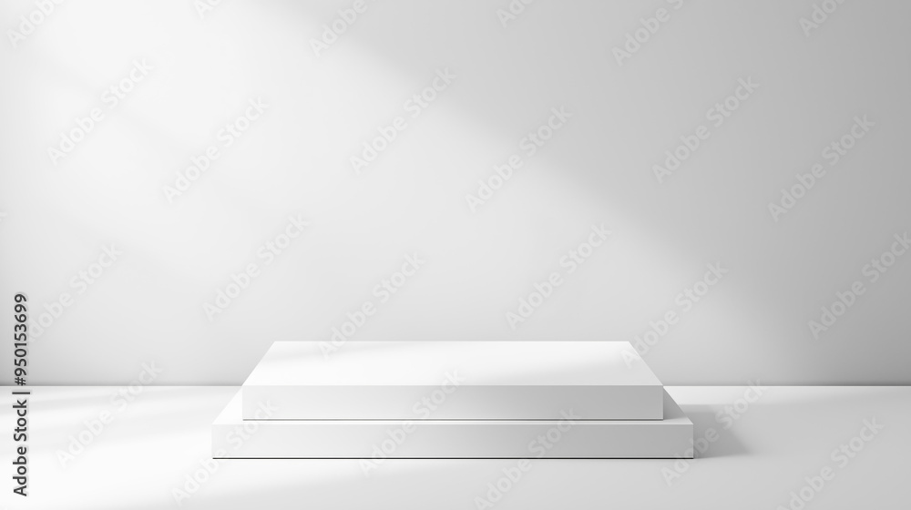 Poster White table stage podium empty mock up background - empty table podium mock up for cosmetics products and product placement with spotlight sunlight beam. White studio room with podium