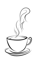 Minimalist line art of a steaming coffee cup with swirling smoke. Monochrome illustration, simple design for cafe or restaurant themes. PNG format, transparent background