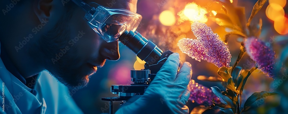 Poster scientist examining flower through microscope - realistic image