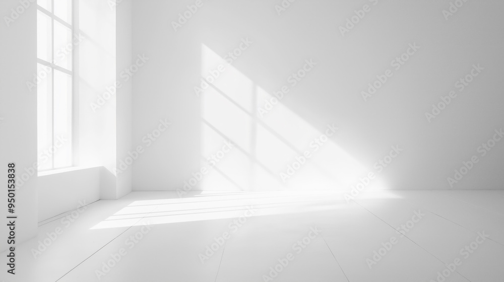 Aufkleber white empty studio room with soft sunlight from the windows and shadows, white room with copy space,