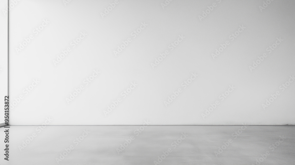 Poster White empty room wall with soft light and copy space. Empty white wall background. Bright minimalistic empty abstract studio room with gray wall and concrete floor