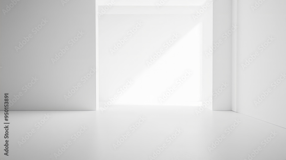 Poster White empty studio room with soft sunlight from the windows and shadows, white room with copy space, room interior design empty white space. White background - room mock up template for design and ads