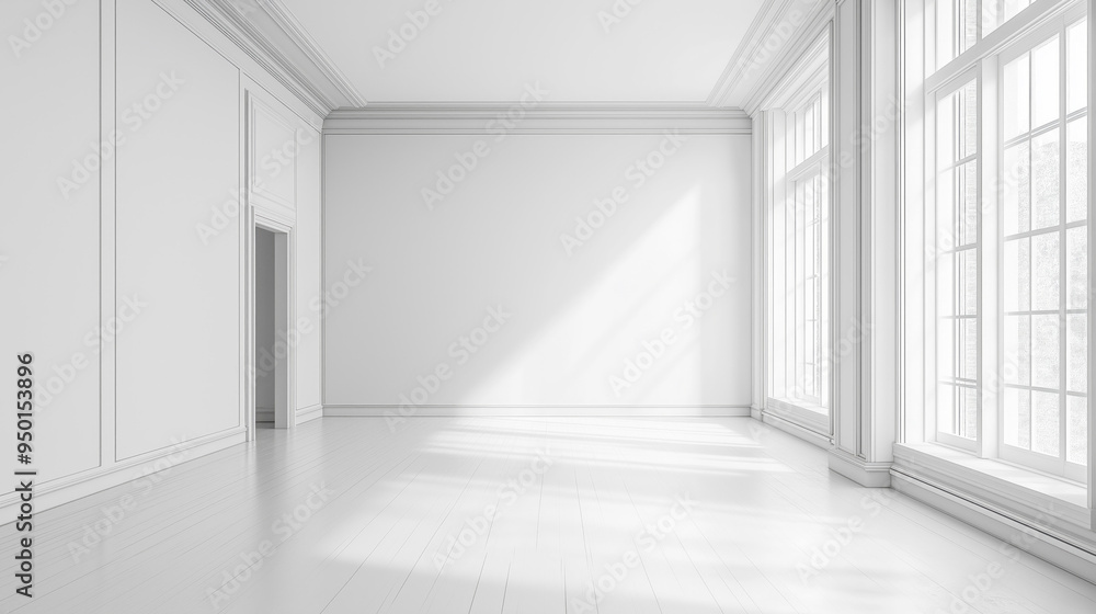 Aufkleber White empty studio room with soft sunlight from the windows and shadows, white room with copy space, room interior design empty white space. White background - room mock up template for design and ads