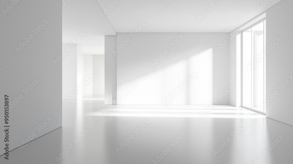 Aufkleber white empty studio room with soft sunlight from the windows and shadows, white room with copy space,