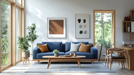 Fototapeta premium A mid-century, Scandinavian-inspired living room featuring a sleek blue sofa as the centerpiece. The space is accented by minimalist decor, light wood furniture, and large windows that allow natural 