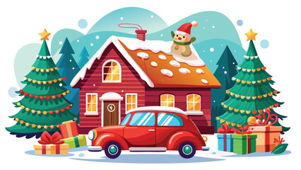 Vintage Christmas and New Year.  Winter nature with house, Christmas tree in cozy home and red retro car for greeting card, Vector illustration of Santa Claus, cover or poster