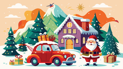Fototapeta premium Vintage Christmas and New Year. Winter nature with house, Christmas tree in cozy home and red retro car for greeting card, Vector illustration of Santa Claus, cover or poster