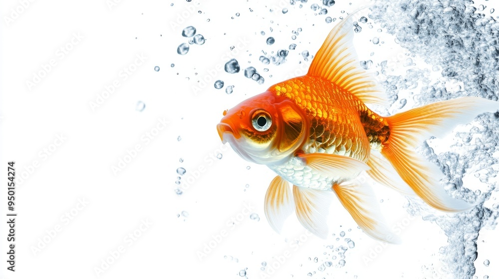 Poster a goldfish caught mid-swim, with bubbles rising around it, against a white background, creating a dy