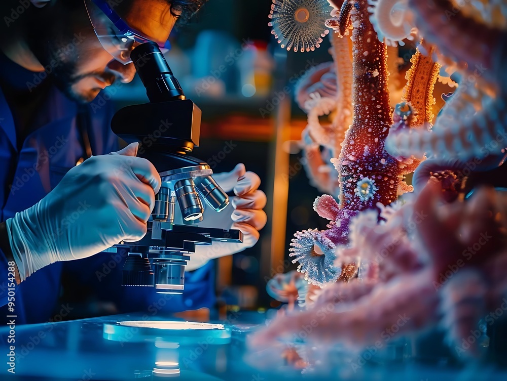 Poster scientist examining coral under a microscope - realistic image