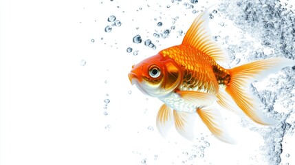 A goldfish caught mid-swim, with bubbles rising around it, against a white background, creating a dynamic and lively underwater scene with minimal distractions.
