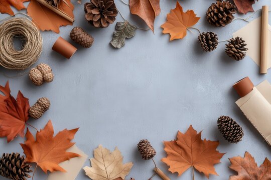 Handmade Thanksgiving Decorations: A crafting table with supplies like leaves, acorns, pinecones, and paper for making DIY Thanksgiving decorations. Finished crafts like garlands and place cards are d