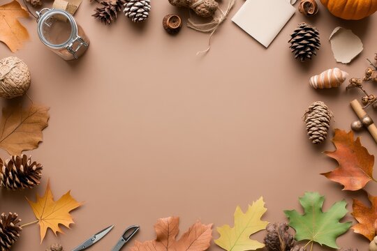 Handmade Thanksgiving Decorations: A crafting table with supplies like leaves, acorns, pinecones, and paper for making DIY Thanksgiving decorations. Finished crafts like garlands and place cards are d