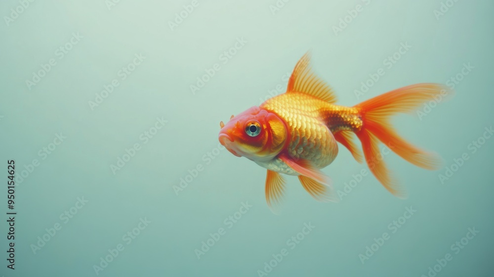 Poster a goldfish swimming near the edge of the frame, with plenty of white space around it, allowing its v