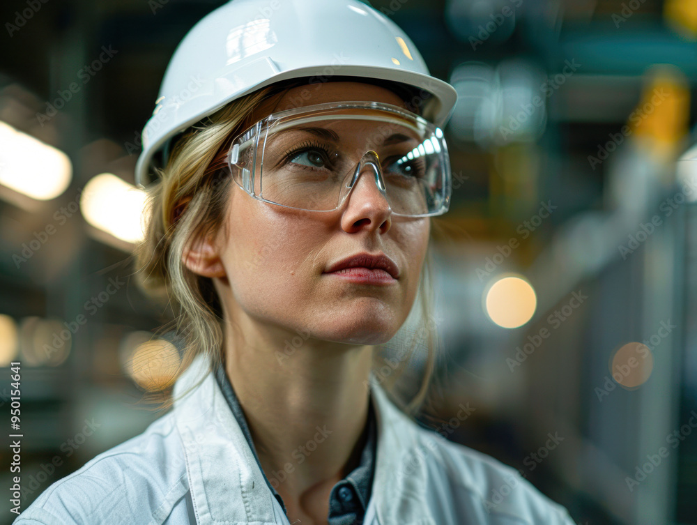 Poster A woman wearing a white lab coat and a hard hat is looking up at something