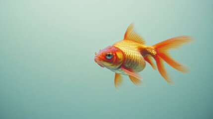 A goldfish swimming near the edge of the frame, with plenty of white space around it, allowing its vibrant color and form to stand out in a minimalist design.