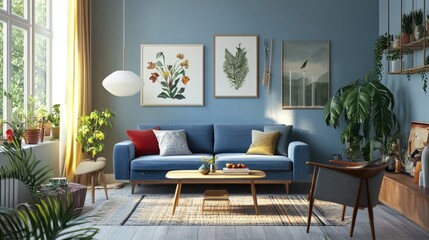 A stylish living room featuring a blue sofa in a mid-century Scandinavian design, with a mix of modern and vintage elements. The space is characterized by its clean lines, functional furniture
