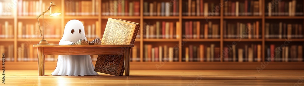 Aufkleber a friendly ghost reading in a cozy library filled with books under warm light, creating a whimsical 
