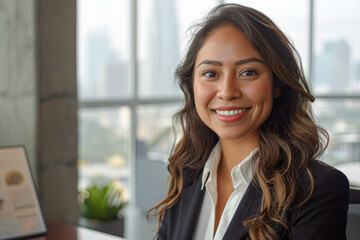 Fototapeta premium Close-up of Smiling Latina Businesswoman in Corporate Office Using Digital Device with City View Background