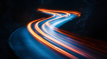 Light trails of cars on the road at night,  blue and orange light streaks,