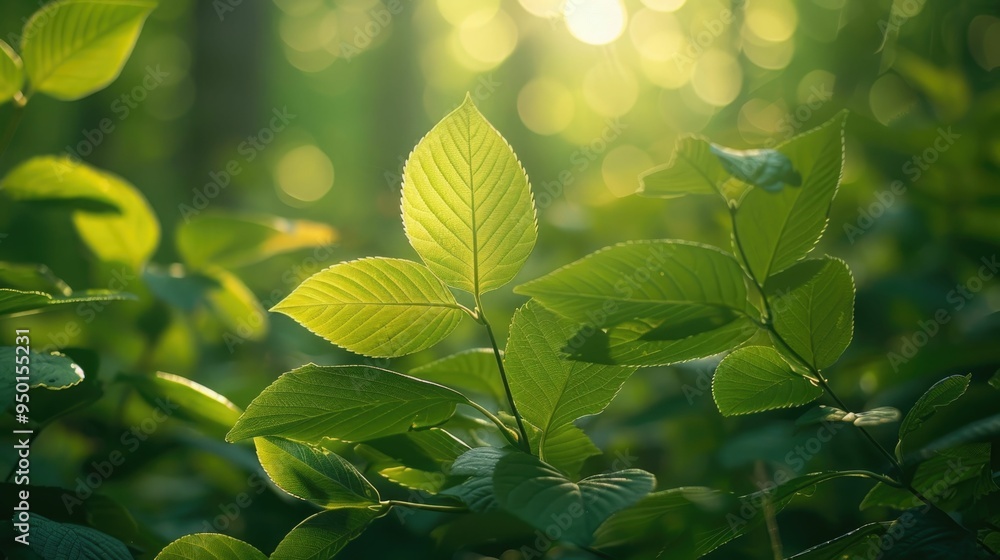 Poster lush green foliage with dappled sunlight filtering through the trees in a tranquil and serene forest