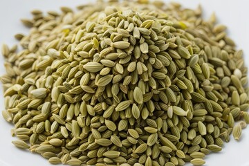 Obraz premium Detailed View of Isolated Fennel Seeds on White Background Aromatic Mediterranean Herb and Spice