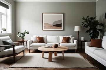 Fototapeta premium Scandinavian Style Living Room Featuring Round Softwood Coffee Table and Elegant White Sofa