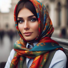 A woman with a vibrant scarf her uniform blending traditional an