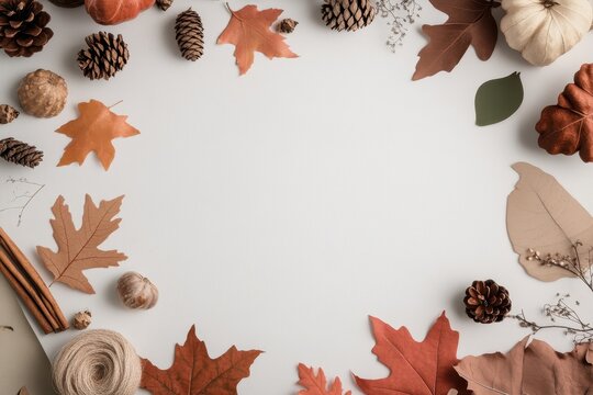 Handmade Thanksgiving Decorations: A crafting table with supplies like leaves, acorns, pinecones, and paper for making DIY Thanksgiving decorations. Finished crafts like garlands and place cards are d