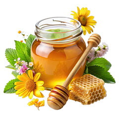 A glass jar of golden honey sits on a white background, surrounded by flowers and greenery. A wooden dipper rests beside the jar, and a piece of honeycomb is visible in the foreground