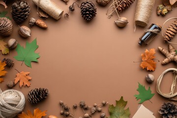 Handmade Thanksgiving Decorations: A crafting table with supplies like leaves, acorns, pinecones, and paper for making DIY Thanksgiving decorations. Finished crafts like garlands and place cards are d