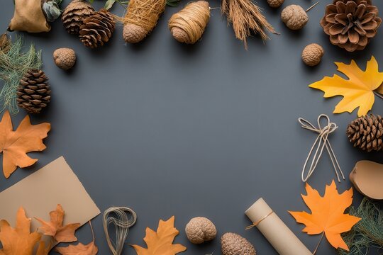 Handmade Thanksgiving Decorations: A crafting table with supplies like leaves, acorns, pinecones, and paper for making DIY Thanksgiving decorations. Finished crafts like garlands and place cards are d