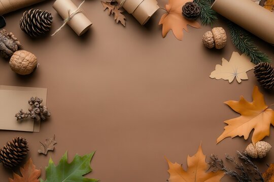 Handmade Thanksgiving Decorations: A crafting table with supplies like leaves, acorns, pinecones, and paper for making DIY Thanksgiving decorations. Finished crafts like garlands and place cards are d