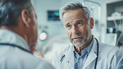 Fototapeta premium Compassionate Senior Physician Consulting Elderly Patient in Hospital Room