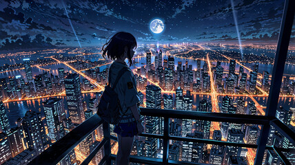 An anime character stands on a skyscraper rooftop, gazing out over the glowing cityscape below, with a clear night sky and full moon creating a serene atmosphere.