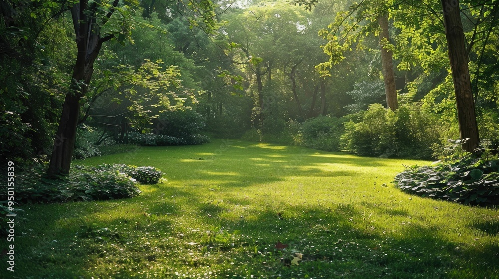 Poster serene and peaceful green outdoor setting with lush foliage trees and sunlight filtering through in 