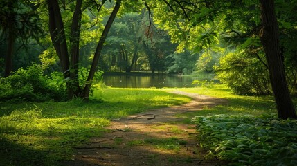Fototapeta premium Serene green forest landscape with an inviting pathway leading through the lush vibrant foliage and dappled sunlight Peaceful tranquil setting offering a sanctuary for relaxation and