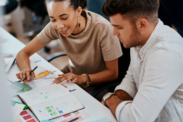 Creative, man and woman with swatch for planning, collaboration or ideas together in office....