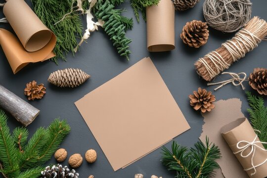 Handmade Thanksgiving Decorations: A crafting table with supplies like leaves, acorns, pinecones, and paper for making DIY Thanksgiving decorations. Finished crafts like garlands and place cards are d