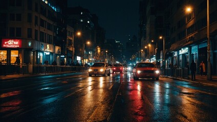 Naklejka premium City streets alive with night traffic, lights reflecting off the pavement.