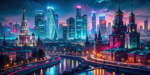 Photorealistic depiction of Moscow city at night, illuminated by vibrant neon adverts in a cyberpunk style, featuring futuristic architecture and bustling streets, with a dark, sharp focus